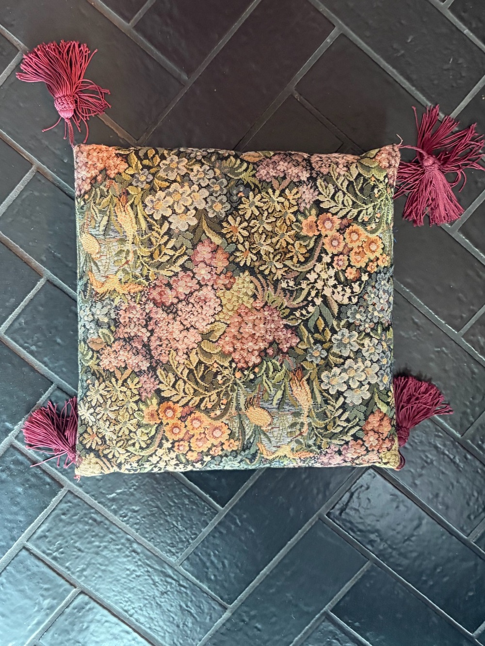 Vintage Floral Tapestry Throw Pillow with Burgundy Tassels | Cottagecore Decor